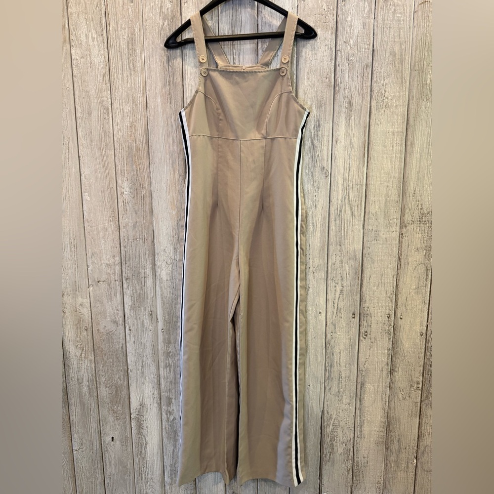 Stylish Tan Jumpsuit with Side Stripes